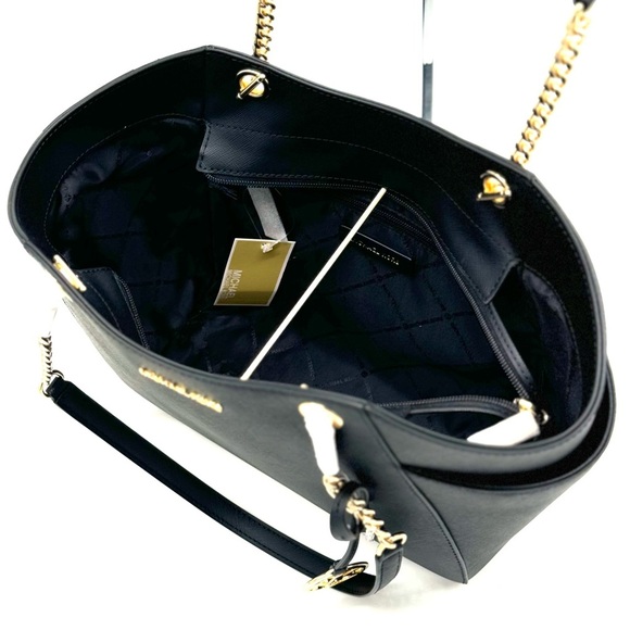 Michael Kors Jet Set Travel Large Chain Shoulder Tote Bag Black/Gold - Picture 10 of 12